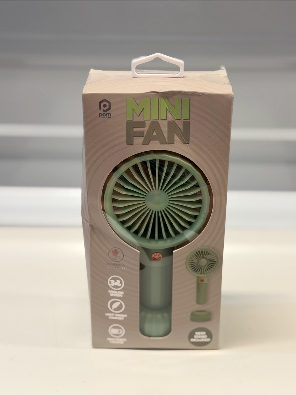 New POM Mini Portable Handheld Fan Green Rechargeable 3 Speed Cooling Desk Stand